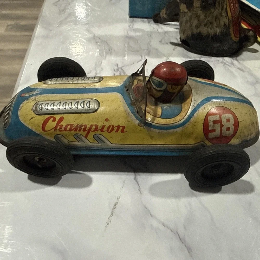 VINTAGE TIN FRICTION 1950'S OPEN WHEEL RACER RACE CAR W DRIVER #58 JAPAN